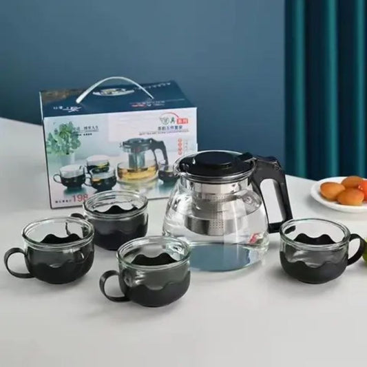 طقم شاي زجاج 5 قطع – براد بمصفاة + 4 أكواب