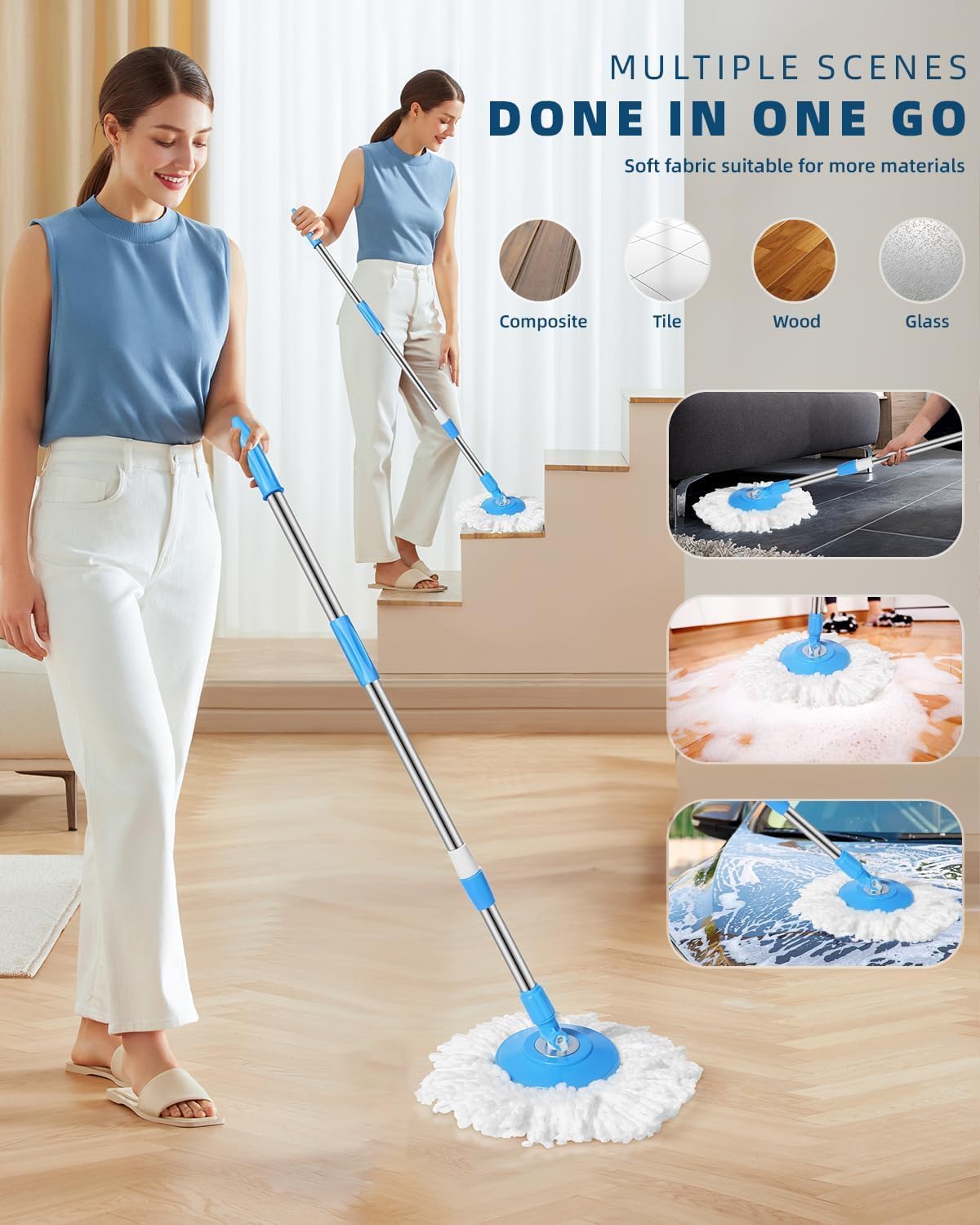 ممسحة أرضيات دوارة مع عصا و2 غيار