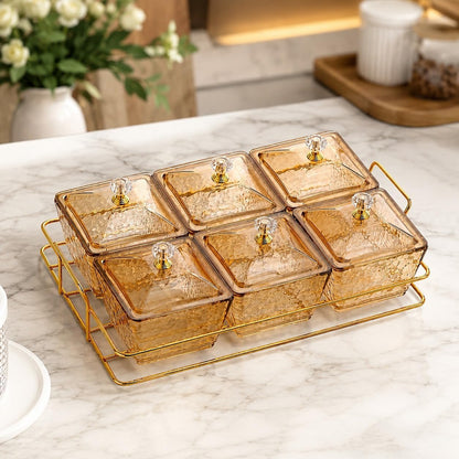 طقم علب تسالي ومكسرات أكريليك 5 قطع مع حامل ذهبي