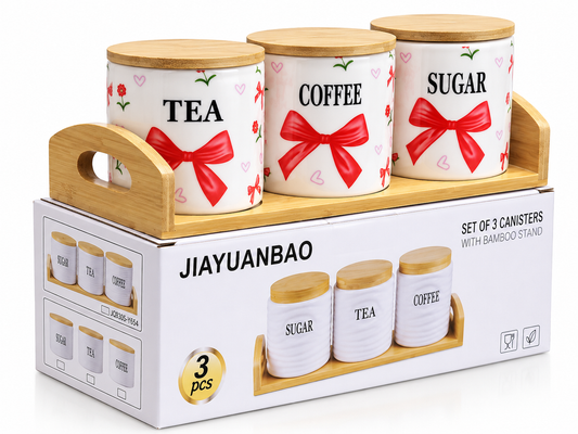 طقم برطمانات Tea Coffee Sugar – 3 قطع مع هولدر خشب