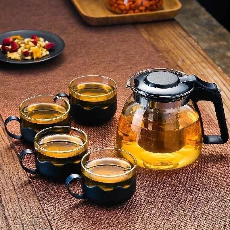 طقم شاي زجاج 5 قطع – براد بمصفاة + 4 أكواب