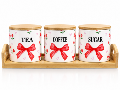 طقم برطمانات Tea Coffee Sugar – 3 قطع مع هولدر خشب